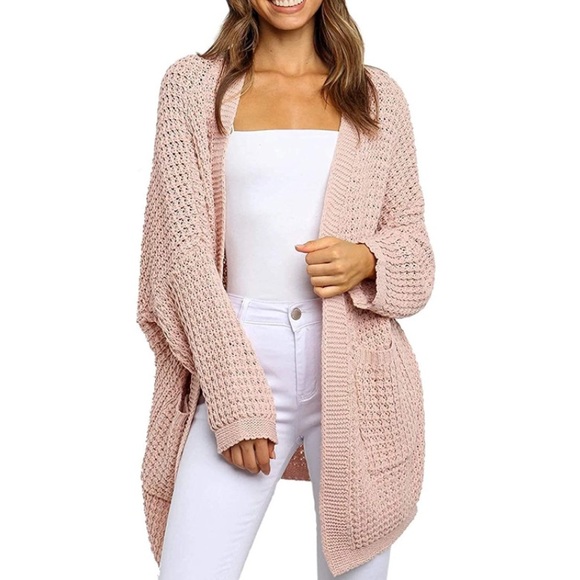 Sweaters - Oversized Long Batwing Sleeve Cardigan Waffle Knit Sweater Blush Pink